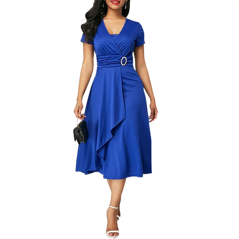 We.Fine Dress Women Solid Color Short Sleeve V Neck Asymmetric Hem Waist Midi Party Dress Elastic Female Dresses Woman Vestidos 6 We.Fine Dress Women Solid Color Short Sleeve V Neck Asymmetric Hem Waist Midi Party Dress Elastic Female Dresses Woman Vestidos 6