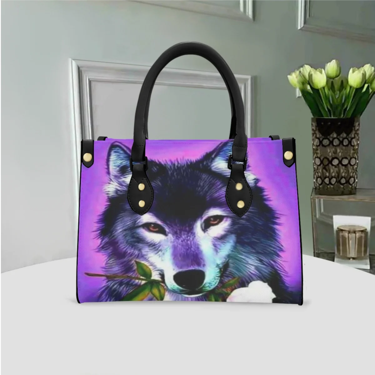 FORUDESIGNS Rose Wolf Romantic Purple Bags Gift Girlfriend Handbags Happy Valentine's Day Simple Totes Bag Ladies Accessories