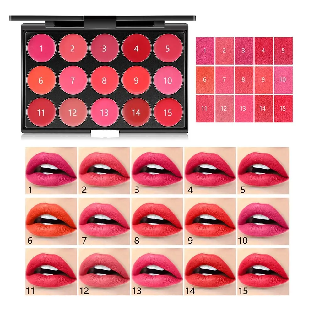 Non-Sticky Cup Matte Lipstick Palette with Mirror Waterproof Long Lasting 15 Color Lip Gloss Palette Beauty Moisturizing
