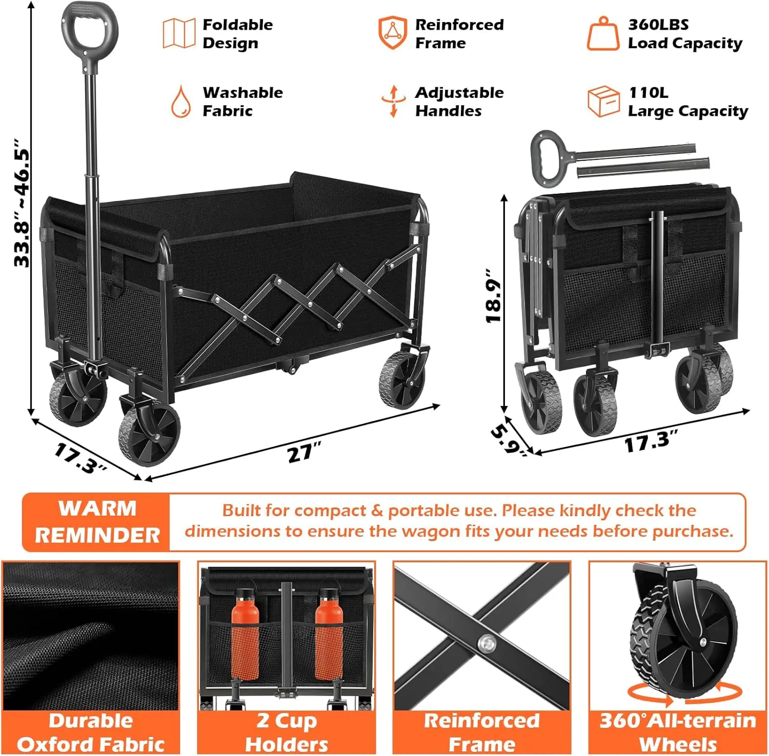 折りたたみ式ワゴンカート、車輪付き、軽量で持ち運び可能、ビーチ、キャンプ、スポーツ、庭用、カップホルダー2個付き、ブラック、360ポンド