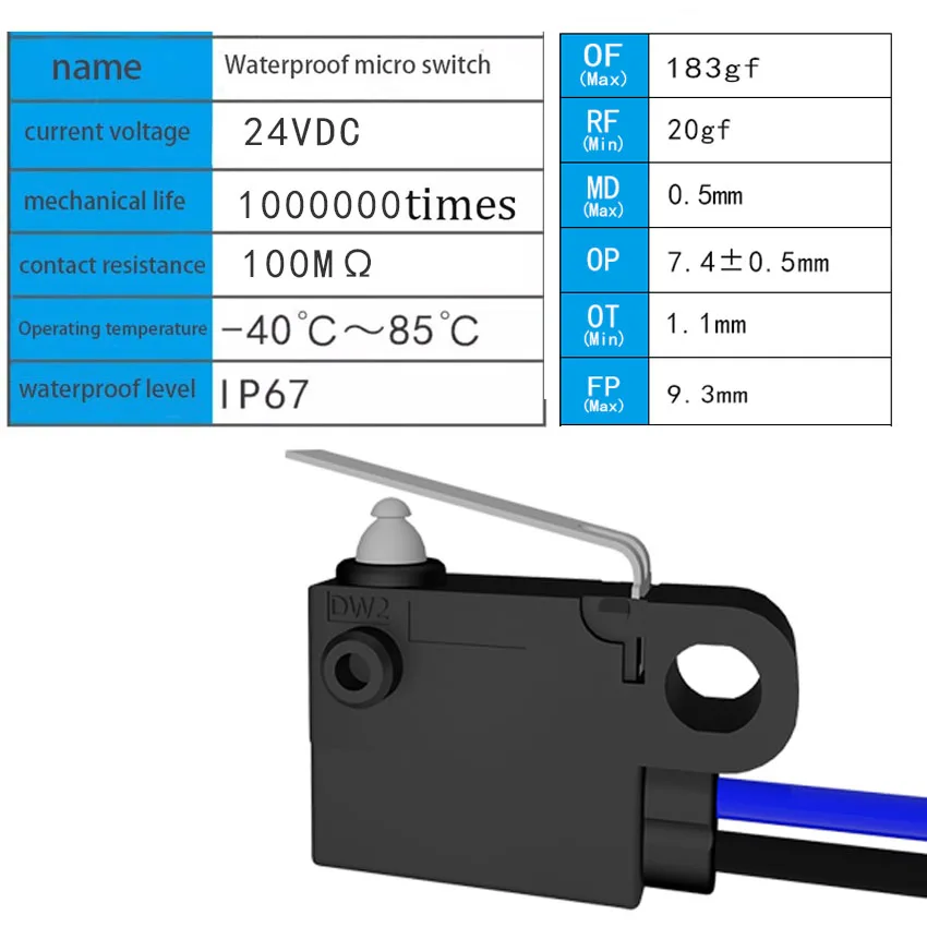 1Pcs Waterproof micro switch DW2 IP67 waterproof high travel limit detection switch, charging gun long button