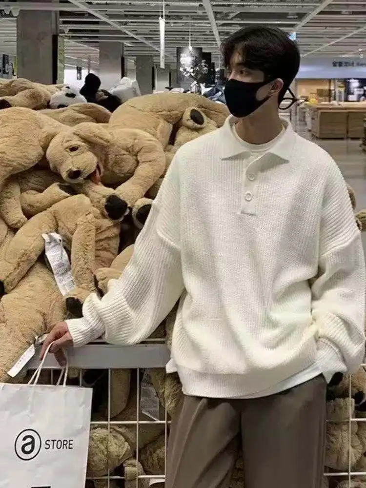 

Loose Fit Ne Knitwear Men's Pure Color Turn-down Collar Korean Sle Casual Long Sve Top Coat for Spring Autumn