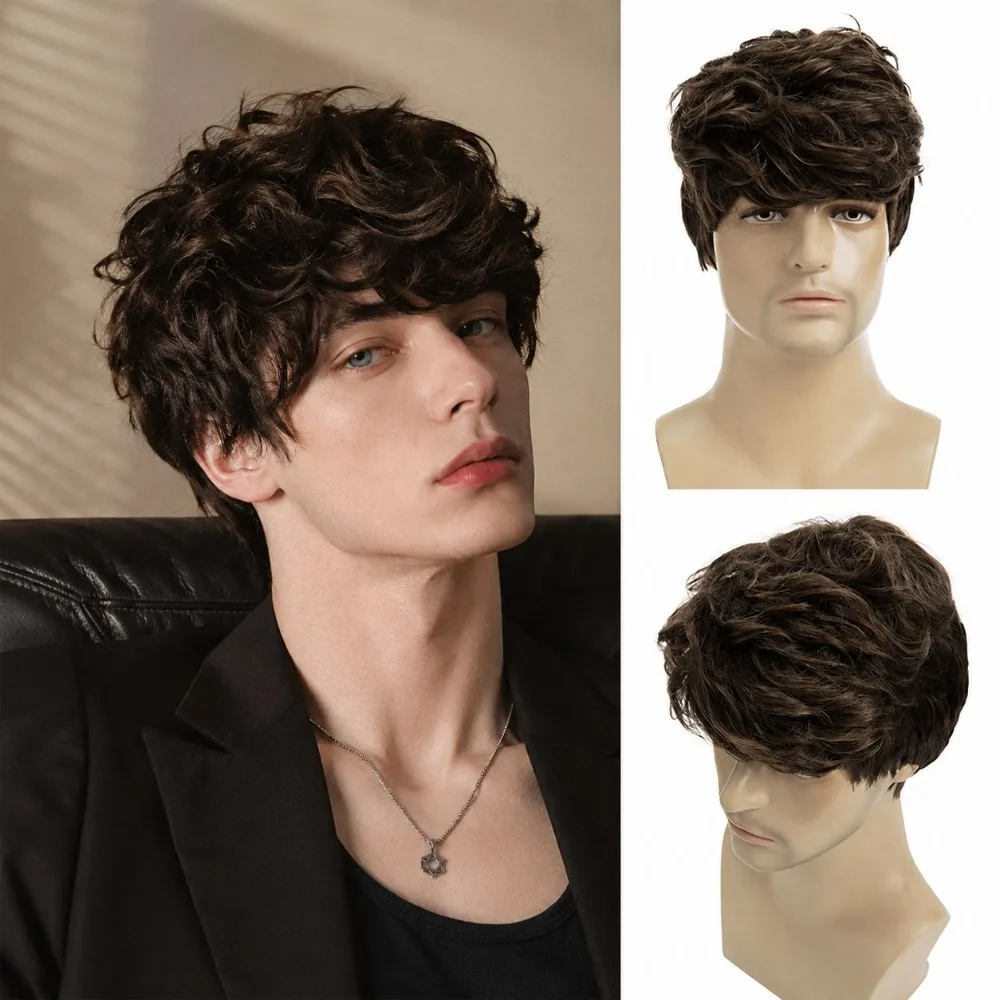 Short Mens Wig Light Brown Handsome 6 Inch Heat Resistant Synthetic Male Wigs for Daily Costumes or Halloween Wear