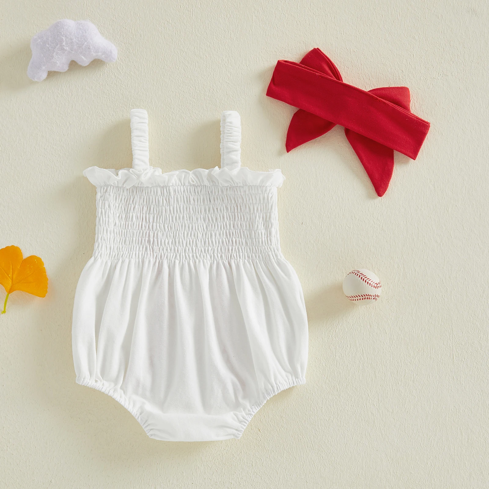 Pakaian Bayi Perempuan Musim Panas, Romper Tanpa Lengan Bordir Baseball dan Headband 2 Pcs Set