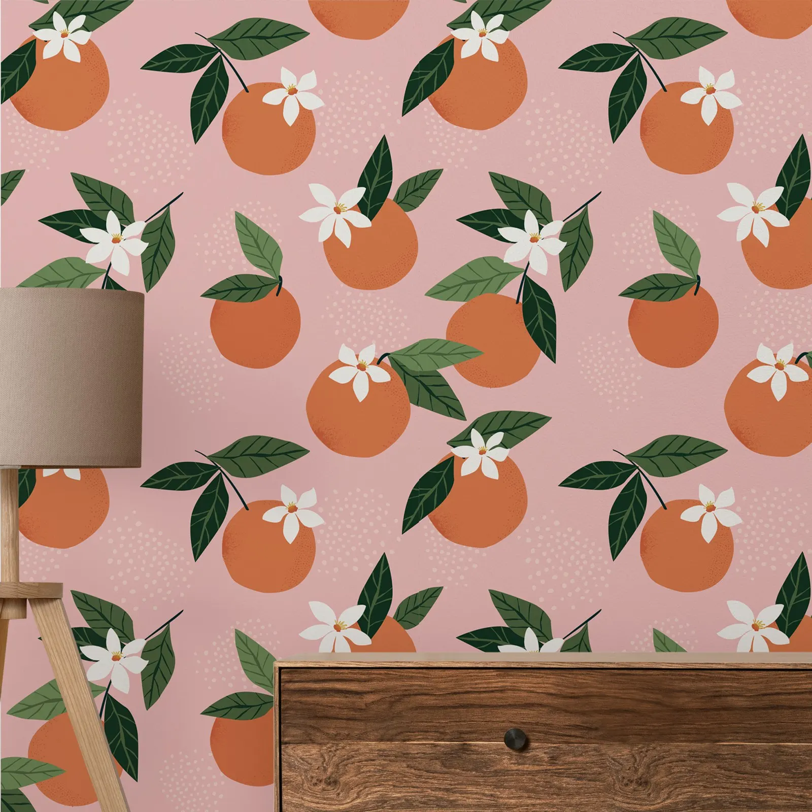 Oranje Roze Behang-Muurschildering Van Fruit, Schil En Stok, Oranje Kleur Abstracte Stijl Muurschildering-Zelfklevend Muurpapier