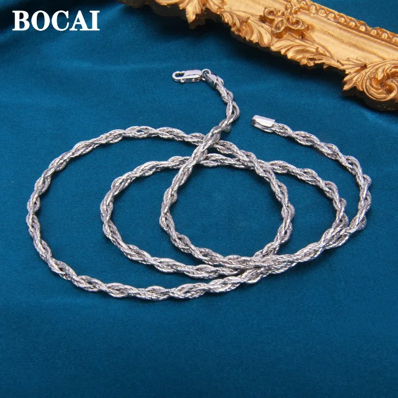 Real S925 Silver Jewelry Five Plaits Fried Dough Twists Chain White Gold Plated Fashionable Hip-Hop Necklace  for Men and Women