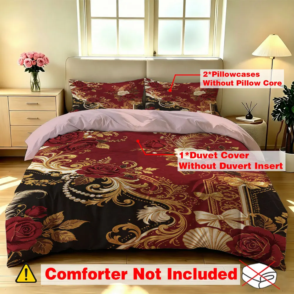 Duvet Cover Set 3Pcs Vintage Red Floral Rose Print Soft Microfiber Bedding with Pillowcases Bedroom Decor