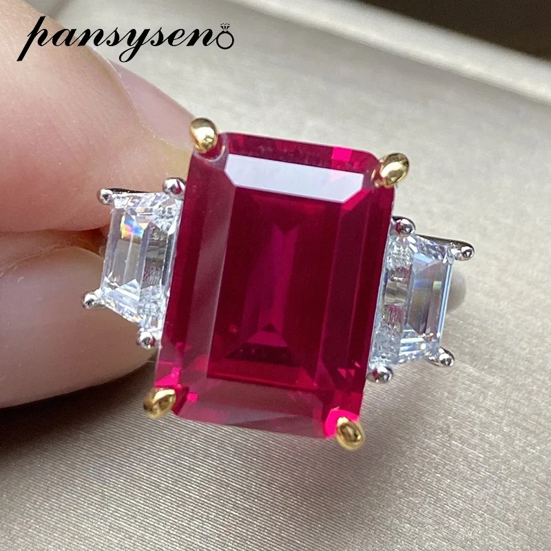 

PANSYSEN Luxury Solid Silver 925 Jewelry Emerald Cut Ruby Citrine Gemstone Rings for Women Men Wedding Cocktail Ring Wholesale