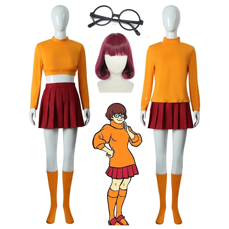 

NewVelma, униформа для косплея, аниме, женская оранжевая верхняя юбка, носки, очки, костюм на Хэллоуин, комплект для девочек, парик Velma2025