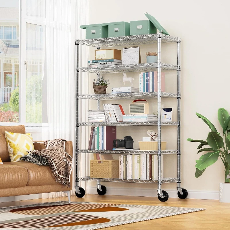 Steel Storage Shelving 6-Tier Utility Shelving Unit with Wheels, Steel Organizer Wire Rack for Home,Kitchen,Office,Garage