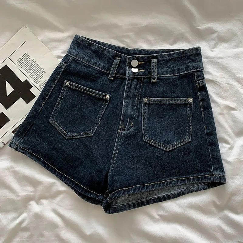 Retro Blue Grey Classic Simple Denim Shorts 2024 New Summer Women's High Waist Loose Wide Leg Pants Fashion All-matched Bottom