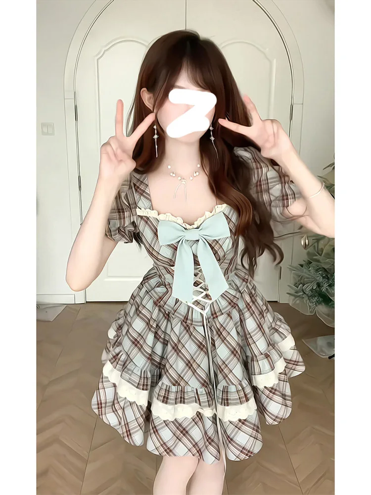 Minivestido francés Retro Y2K con cuello cuadrado a cuadros y lazo para mujer, vestido ajustado de verano estilo princesa Jk Swing