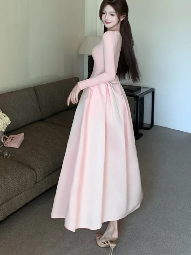 Vintage French Knit Spliced Long Dress Woman Autumn Slimming O Neck Evening Party Dresses Wedding Graduation Prom Female Clothes