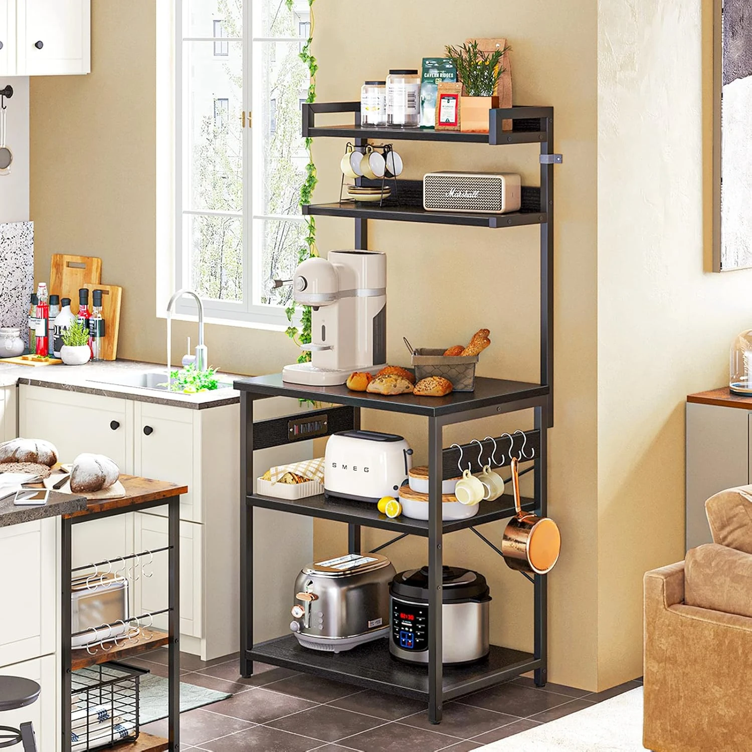 

Bakers Rack with Power Outlet, Coffee with 5-Tiers, Microwave Stand Kitchen Rack 16.5 * 31.5 * 59 inches, Kitchen , Rustic Bro