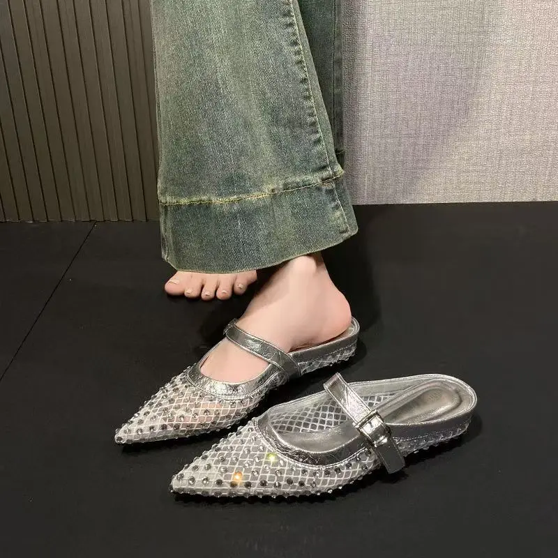 

2025 New Silver Hollowed Out Women's Sandals with Black Insoles, High Heels, Buckle Straps, Backless Gladiator Roman Shoes