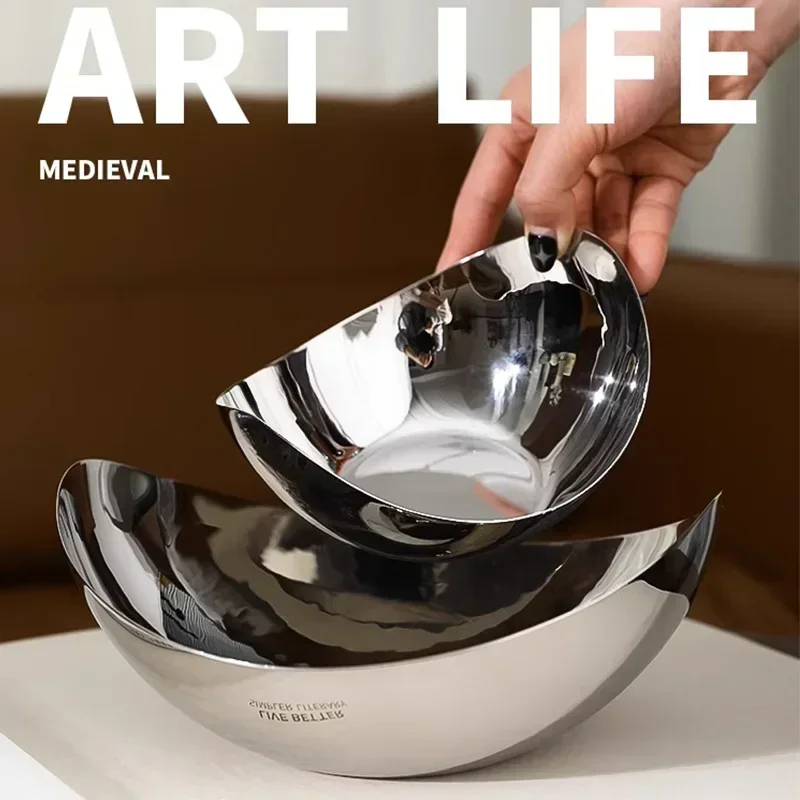 Luxury 304 Stainless Steel Snack Fruit Bowl, Large Salad Serving Dish, Fruit Tray, Storage for Home, Living Room, Kitchen, Coffe