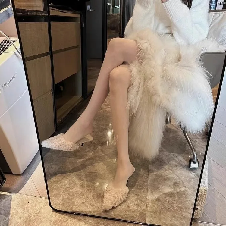 Black Fur Slingback Pumps Sandals Women Fashion Pointed Toe Shallow Slip-on Plush Pumps Ladies Elegant Evening Party Heel Shoes