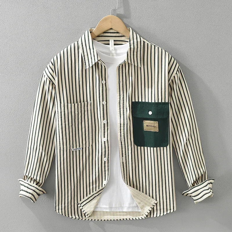 2024 Autumn New Striped Long Sleeve Shirts for Men Pure Cotton Turn-down Collar Casual Fashion Shirts Loose Men's Clothing