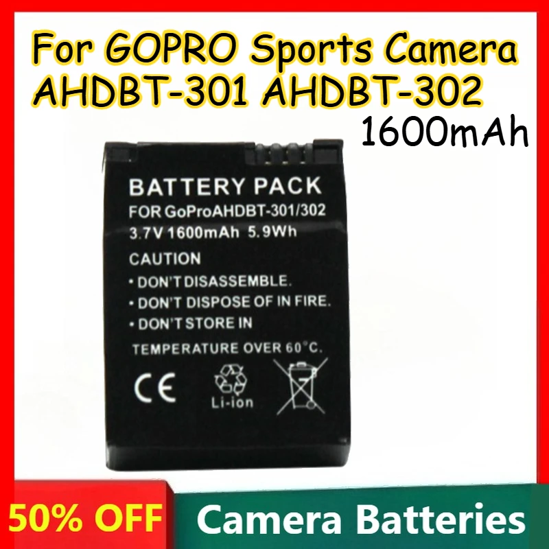 

1600mAh 3.7V Lithium Battery for GOPRO Sports Camera AHDBT-301 AHDBT-302 Rechargeable Battery