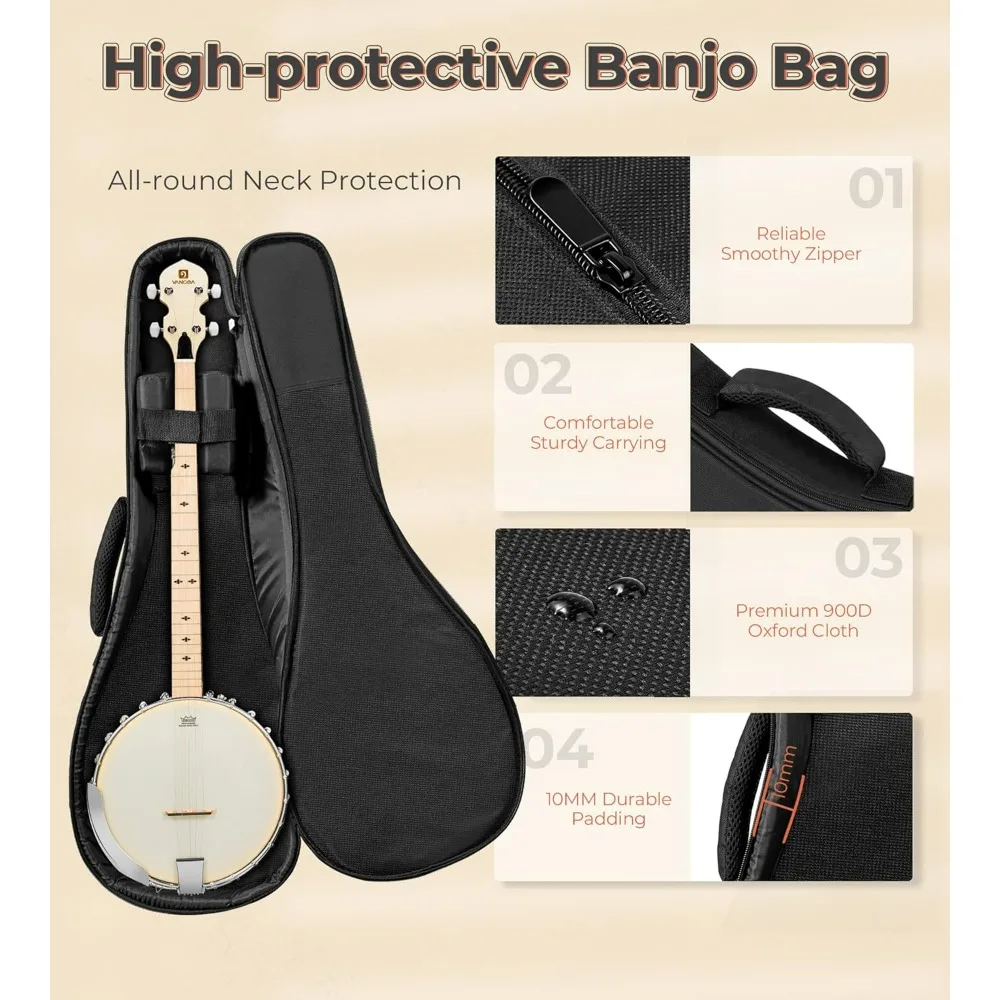 Open 5 String Full Size, Clawhammer Banjo Starter Kit with Renaissance Remo Head Maple Banjo  Gear 5th TunerStringed Instruments