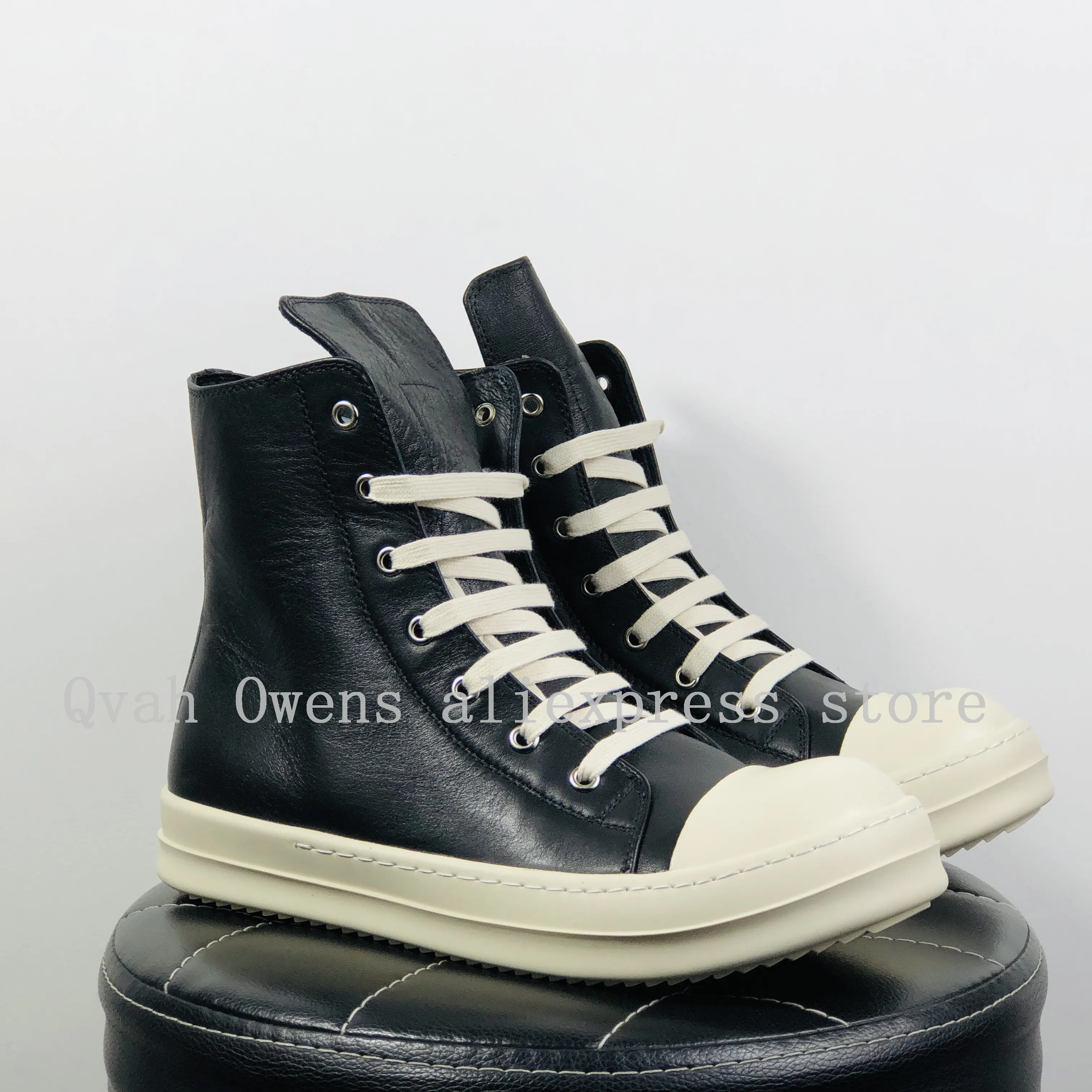 Qvah Owens Men Casual High Top Boots Women Genuine Leather Luxury Lace Up Sneakers Zip High Street Autumn Flats Black Shoes