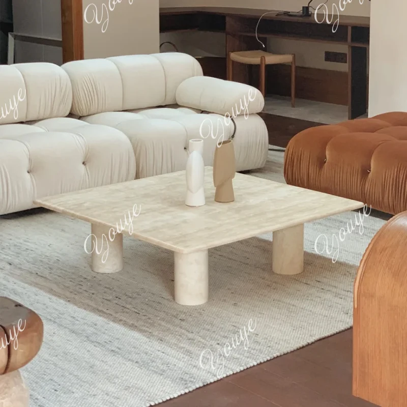 

Natural travertine coffee table square small apartment living room household light luxury high-end marble tea table