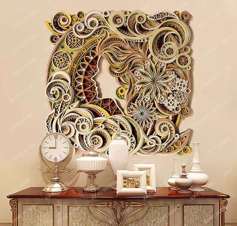 Stepped Wood Stacked Carving, Vintage-style Entryway Living Room Decorative Painting, Light Luxury and Sophistication