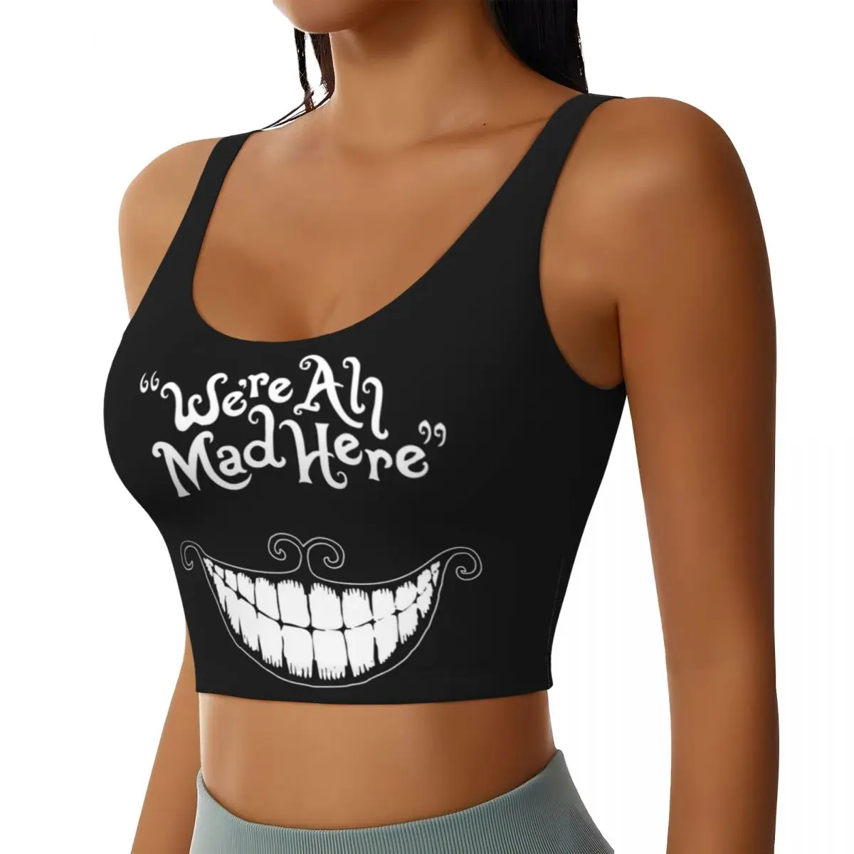 Custom We Are All Mad Here Workout Crop Tank Tops Women Cheshire Cat Animal Running Sports Bras