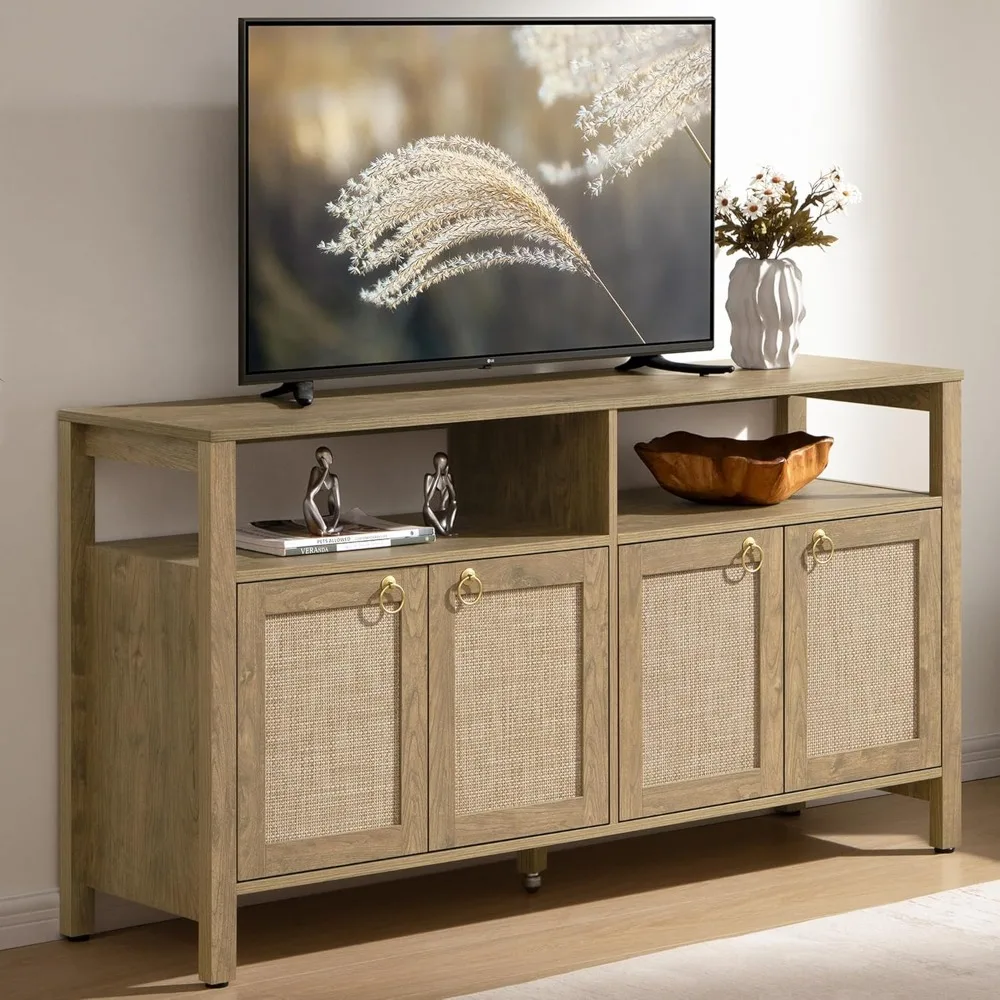

Rattan TV Stand for Television up to 65 Inch - 29.5 Tall Entertainment Center with Storage and Open Shelves,Boho Media T