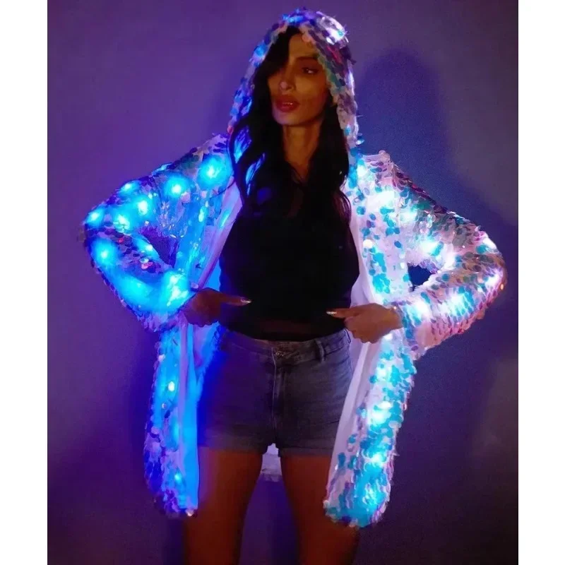 Sequins LED Jacket Women Christmas Nightclub Party Light Up Clothing Fancy Rave Costume DJ Gogo Dancer Clothes Street Dance Wear