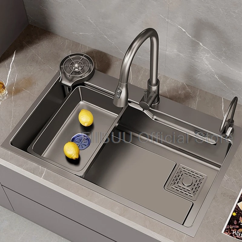 Grey Stainless Steel Kitchen Sink Large Single Multifunctional Bowl With Stretch Faucet Water Purification Faucet And Cup Washer