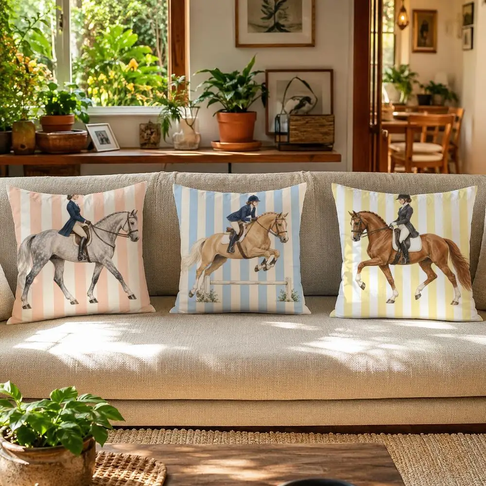 Equestrian Throw Design Striped Pattern Cushion Cover Skin-Friendly Linen Pillow Cover Durable Hypoallergenic Washable Soft