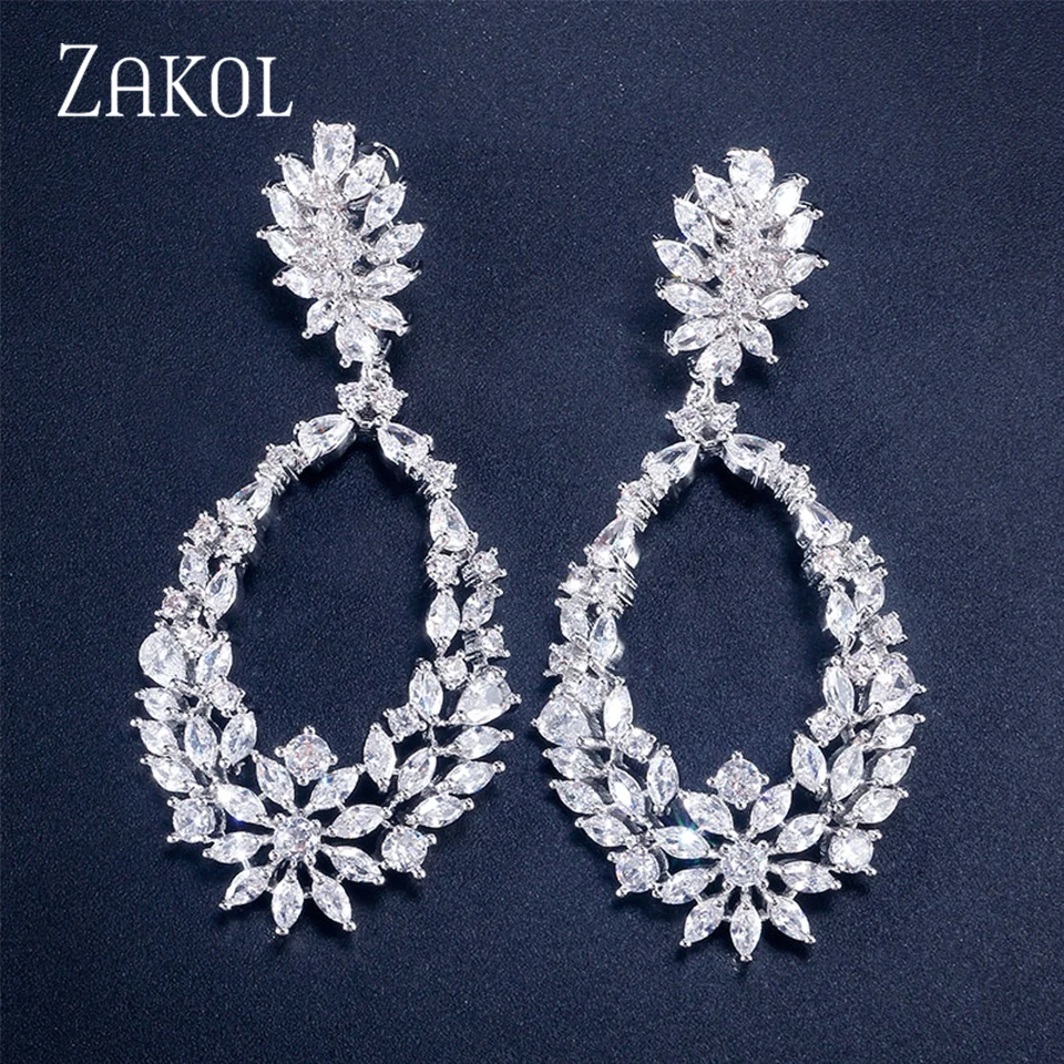 ZAKOL Luxury Buling Mirco Paved Cubic Zircon Dangle Drop Earrings Dla kobiet Wykwintne kolczyki ślubne Biżuteria ślubna