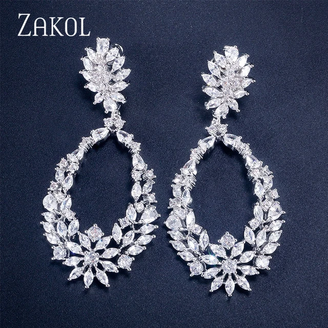ZAKOL Luxury Buling Mirco Paved Cubic Zircon Dangle Drop Earrings Dla kobiet Wykwintne kolczyki ślubne Biżuteria ślubna