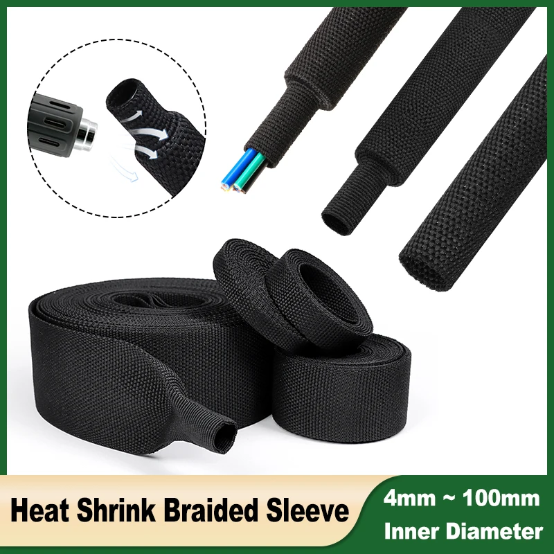 

Heat Shrink Braided Sleeve Black 4mm ~ 100mm Fabric Cloth Insulated PET Auto Line Organizer Wire Protection Shrink Wrap Sheath