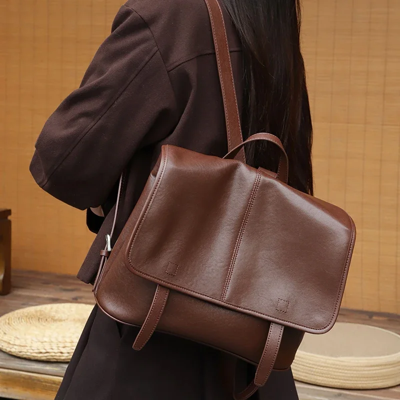 Women Genuine Cow Leather Backpack Vintage Flap Top Handle Real Cowhide Rucksack Large Capacity Laptop Backpack For School Daily