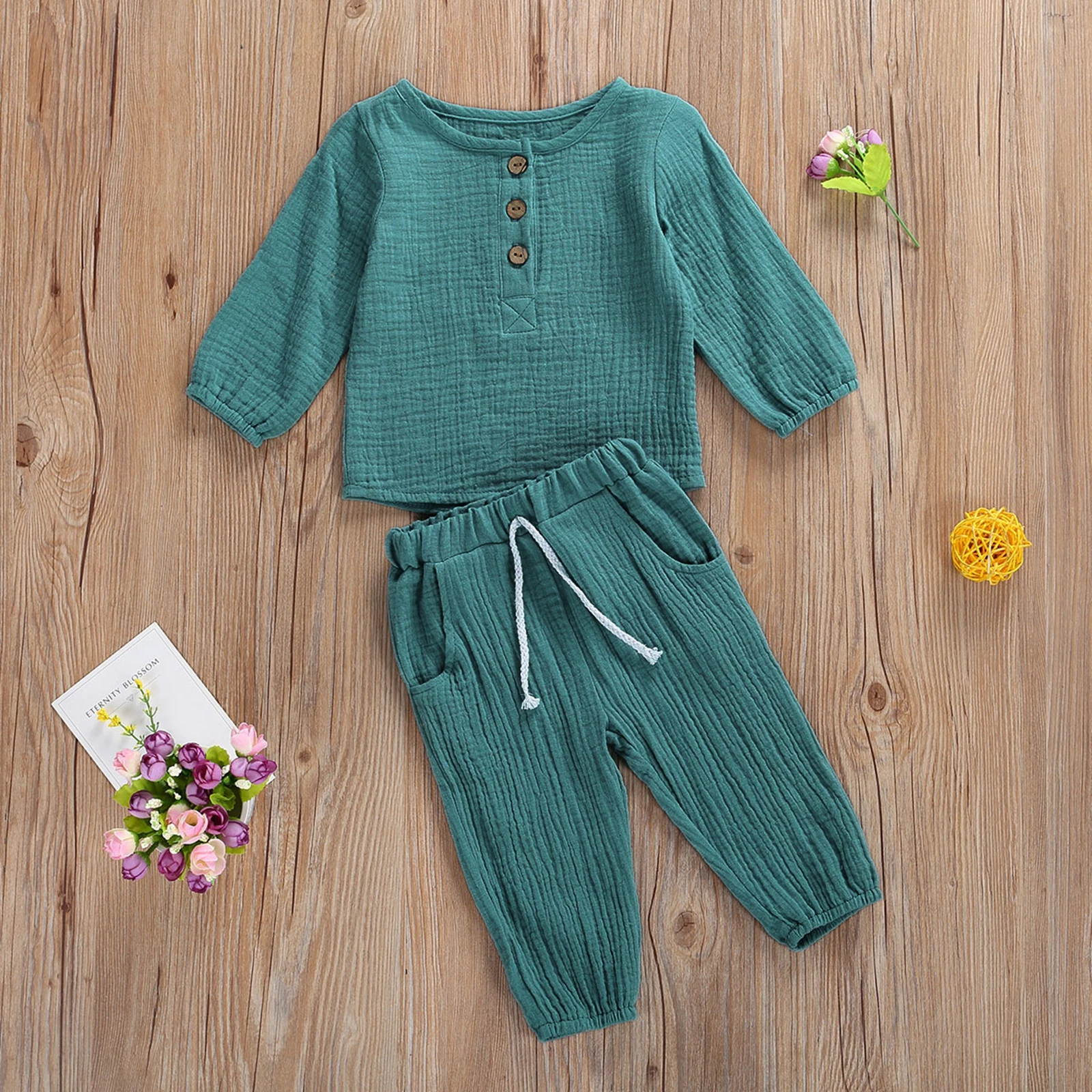 Toddler Baby Girls Boys Autumn Casual Clothes Sets Outfit Cotton Linen Long Sleeve Tops+Pants Outfit 2Pcs Set