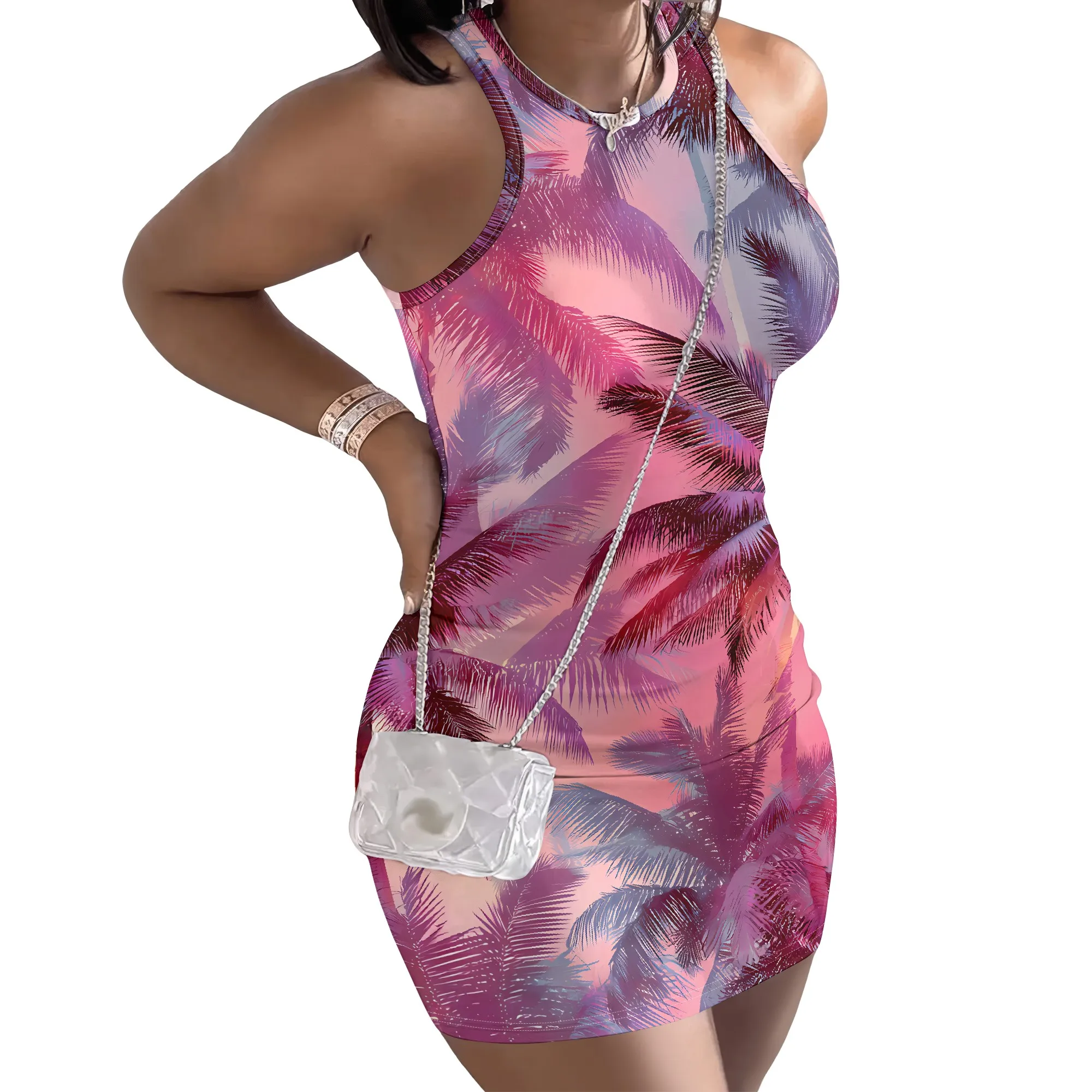 Sexy Palm Print Mini Dress Tropical Leaf Pattern Bodycon Dress Pink Purple Gradient Summer Outfit for Women Beach Party Clubwear