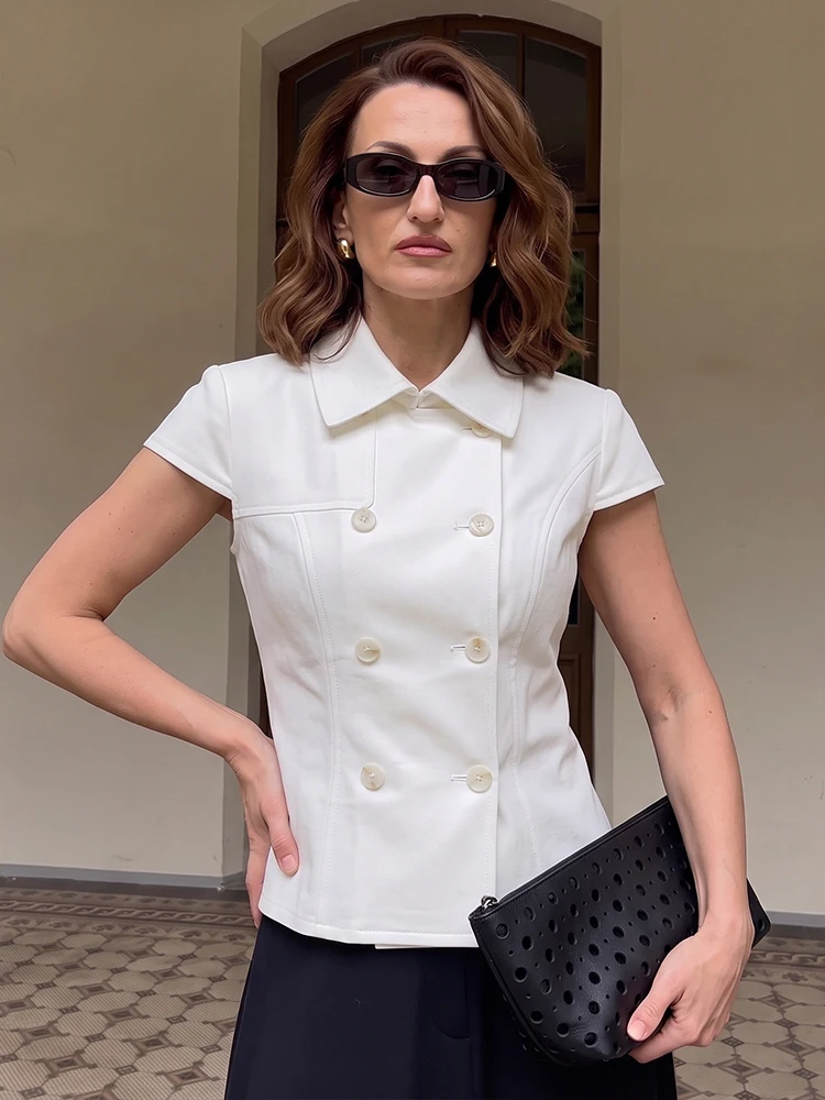 HH Women Summer White Double Breasted Top Lapel Collar Short Sleeve Relaxed Fit For Holiday Gathering Beach Vacation Party Wear