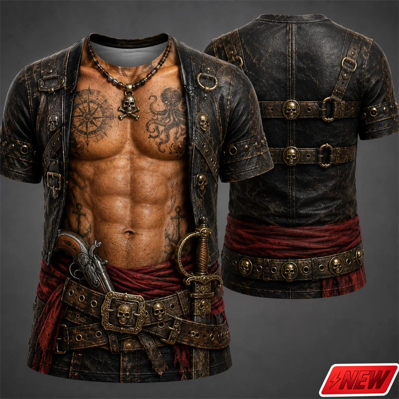 Men Novelty Funny Fake Abs Body T Shirt Vintage 3d Print Pirate Skull Anchor Pattern Short Sleeve Halloween Cosplay Party Top 26