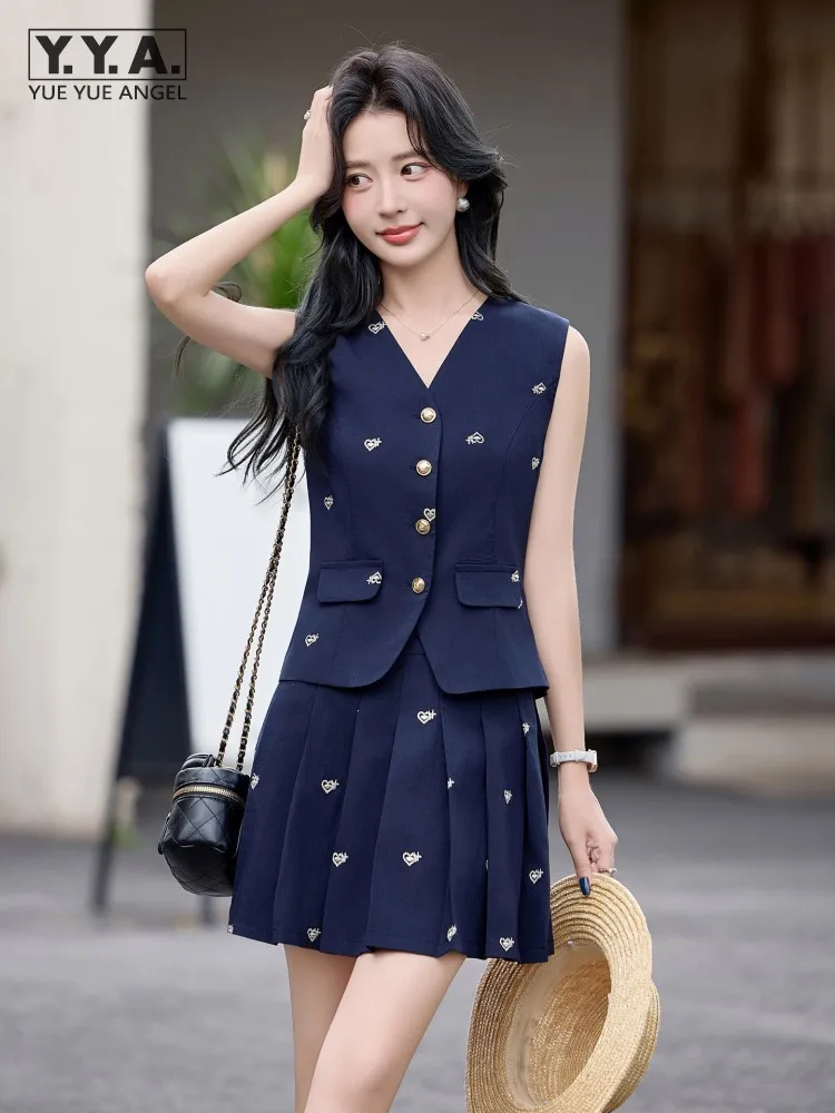 Summer Embroidered Heart Vest Sets Sleeveless V-Neck Hollow Out Waistcoat Matching Set Above Knee Length Pleated Skirt Outfits