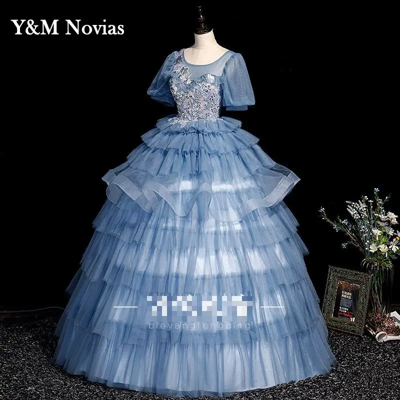 Vestido De quinceañera azul con mangas abullonadas, apliques De cuello redondo, lentejuelas, flores, Princesa, para fiesta, 15 años, 2022