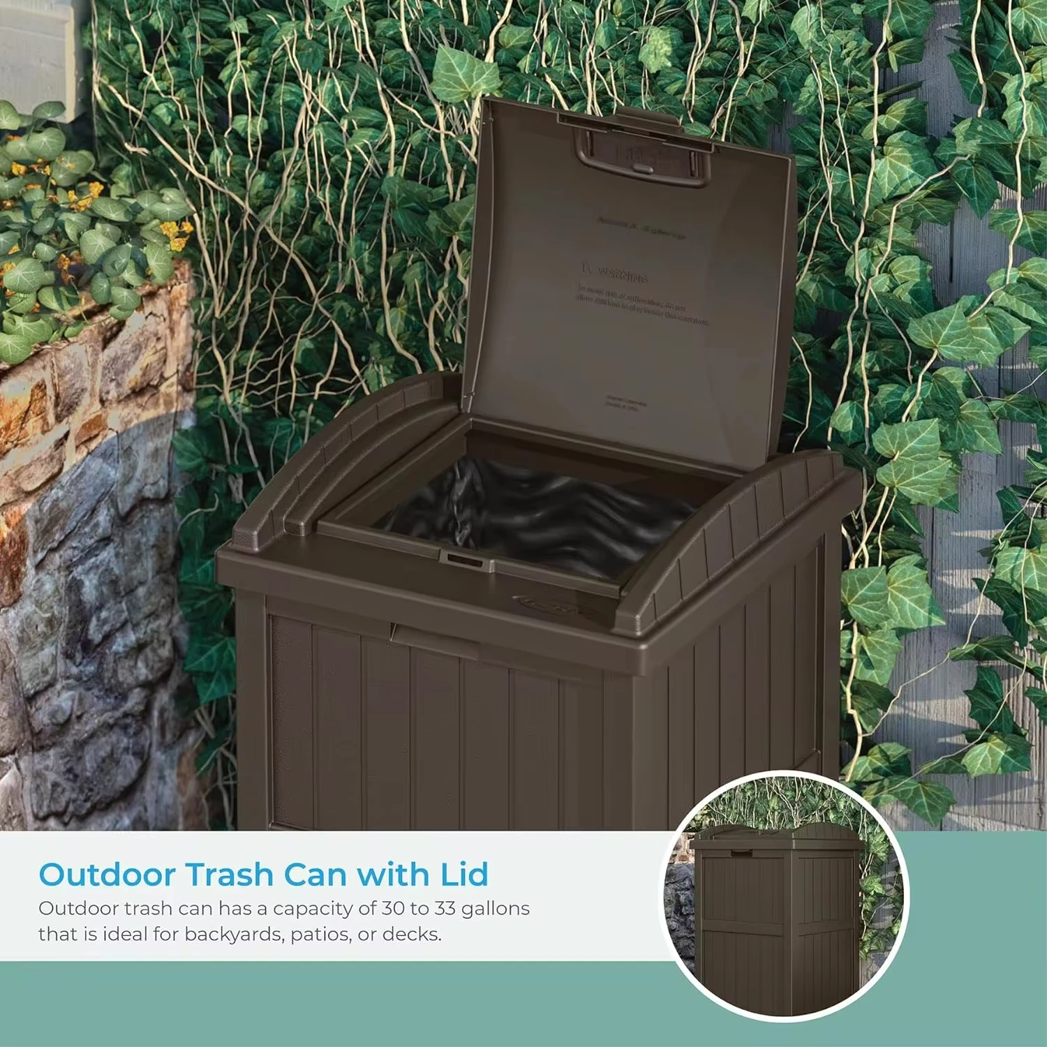 Trash Hideaway 33 Gallon Rectangular Garbage Trash Can Bin with Secure Latching Lid and Solid Bottom Panel  Outdoor