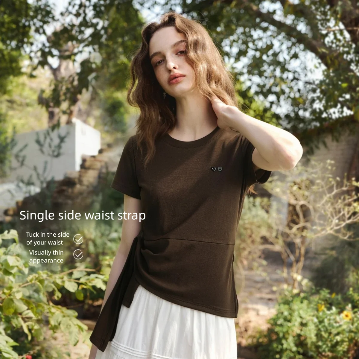 OLrain Elegant Round Neck Short Sleeve Top Women 2026 Summer Vintage French Side Self Tie Casual Solid Knit T-shirt O58XT006296