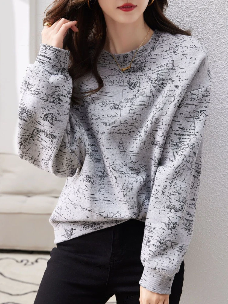 Grey Pullovers Female Clothes Sweatshirts For Women Cropped With Orint On Offer Elegant Classy Cotton Winter Cold Essential Tops