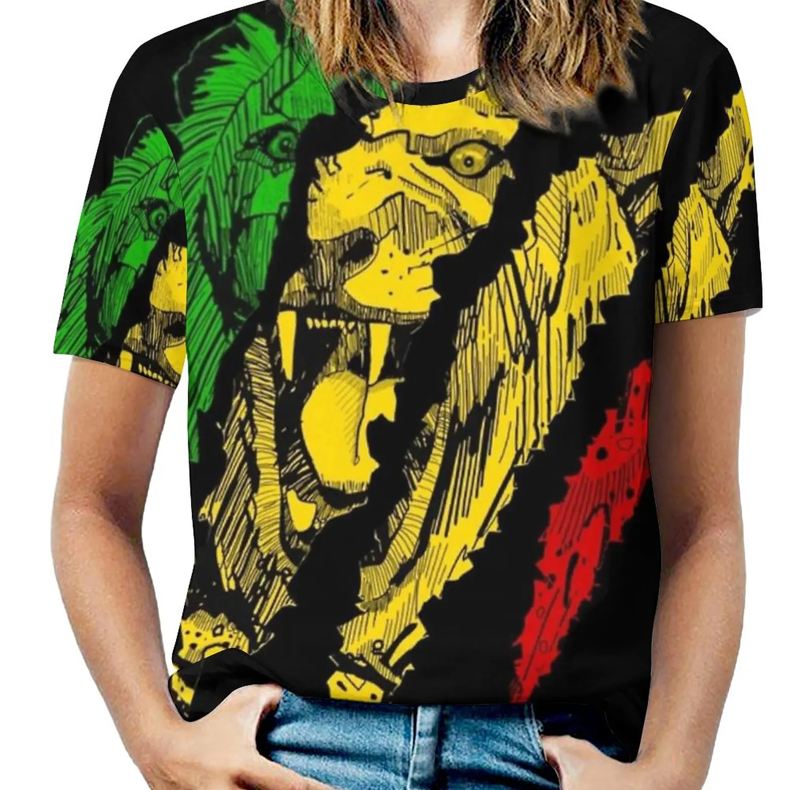 Warrior Lion Of Judah King Rasta Reggae Jamaica Roots Print O-Neck Off-The-Shoulder Top Short-Sleeved T-Shirt Ladies Streetwear