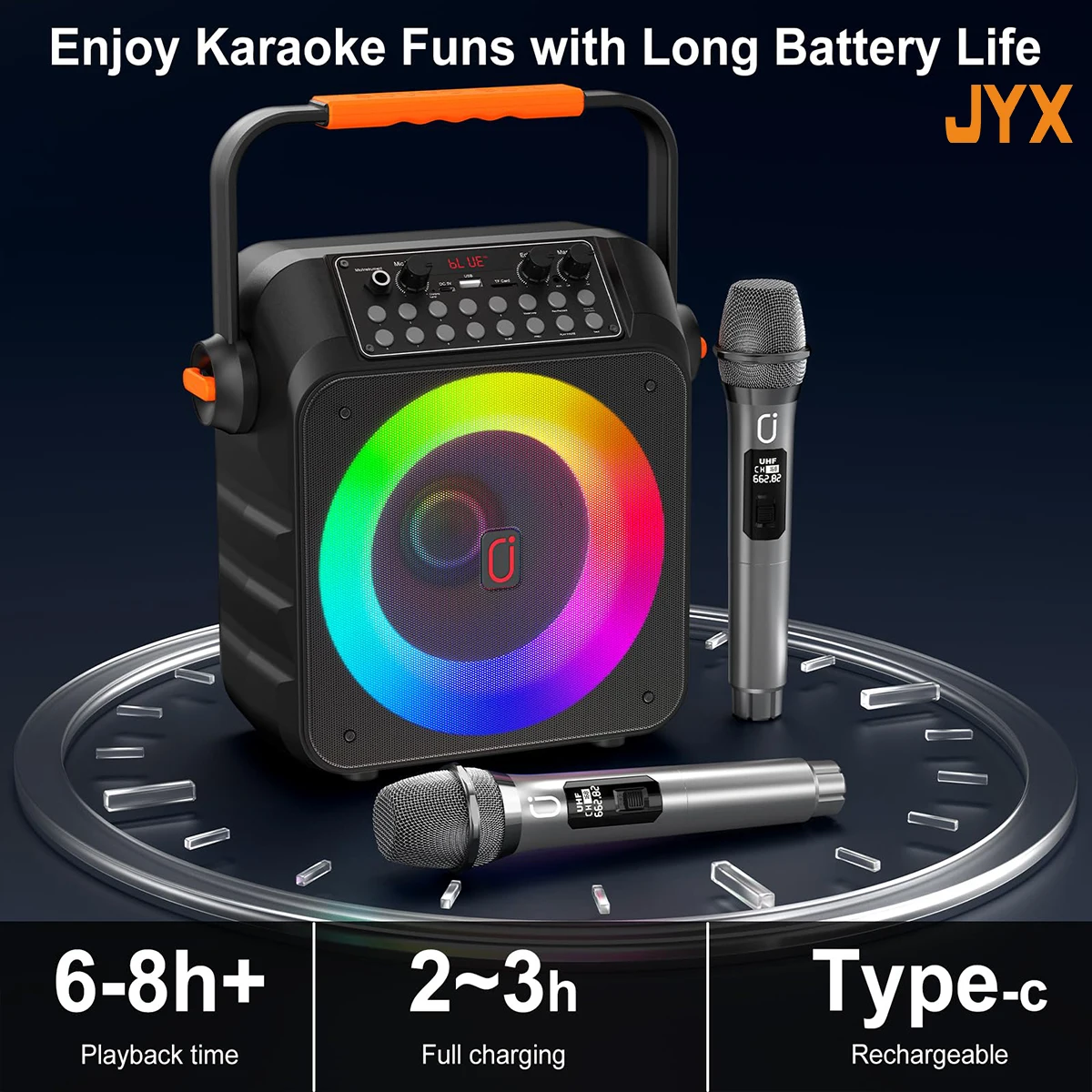 

Jyx T21 Portable Karaoke Speakers, with 2 Wireless Handheld Microphones, Supports USB Flash Drive/Tf Card/Bluetooth/Aux Input, Suitable for Outdoor Camping Style Party Singing, Family Party
