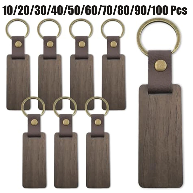 10-100 Pcs Blank Walnut Wood Keychains with PU Leather Strap & Metal Key Ring