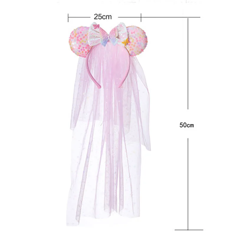 Colorful Sequin Mouse Ears Headband With Tulle Veil Princess Bow Flower Hair Hoop Hair Accessories For Women Theme Park Trip ﻿