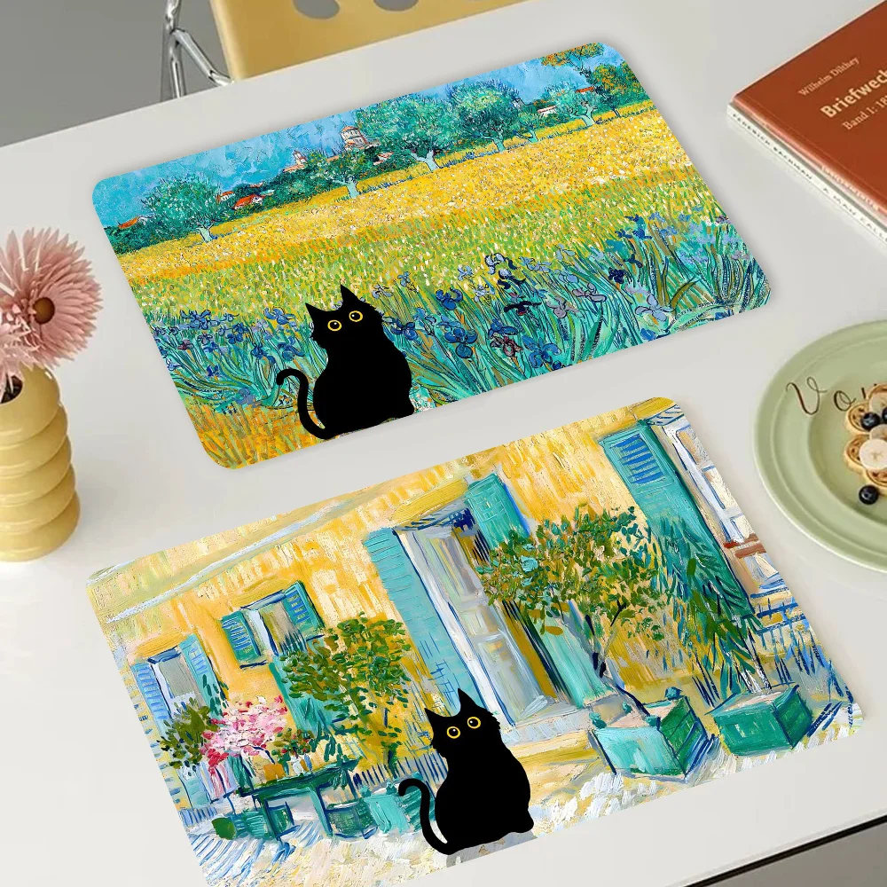 Van Gogh Black Cat Kitchen Draining Mat Tableware Pad Coffee Dish Drying Mat Placemat Bathroom Kitchen Drain Pad